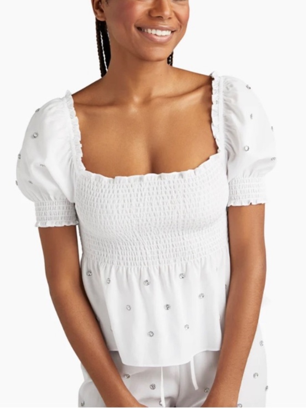 Hill House Jeweled Jammie Top Small Smocked Puff Sleeve Tie Back Peplum White